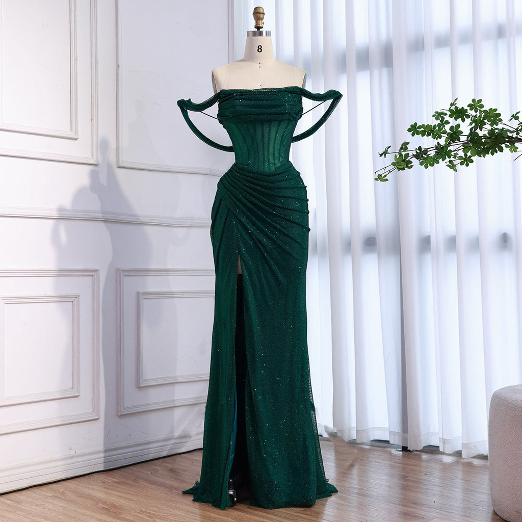Luxury Green Off Shoulder Corset Mermaid Evening Dress CLA73410C