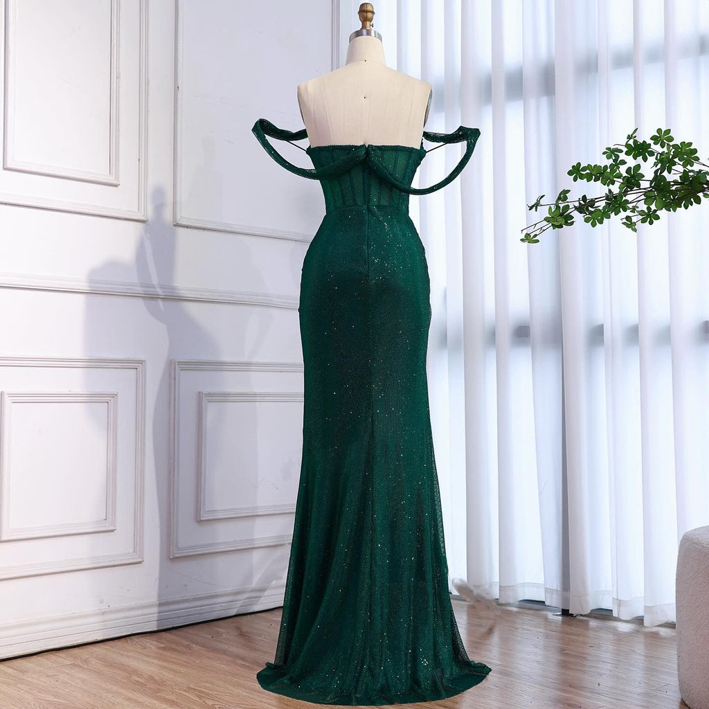 Luxury Green Off Shoulder Corset Mermaid Evening Dress CLA73410C