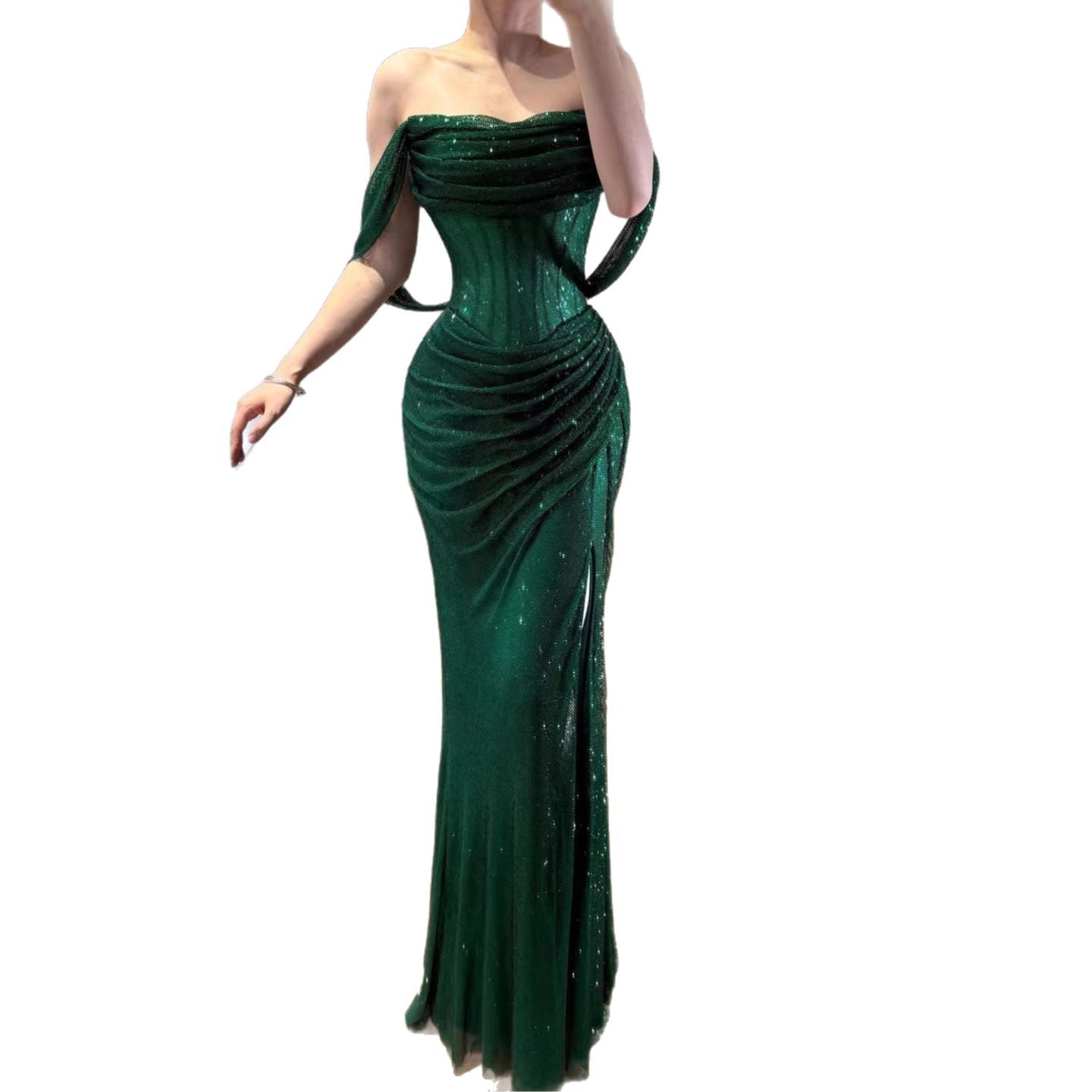 Luxury Green Off Shoulder Corset Mermaid Evening Dress CLA73410C
