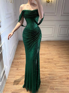 Luxury Green Off Shoulder Corset Mermaid Evening Dress CLA73410C