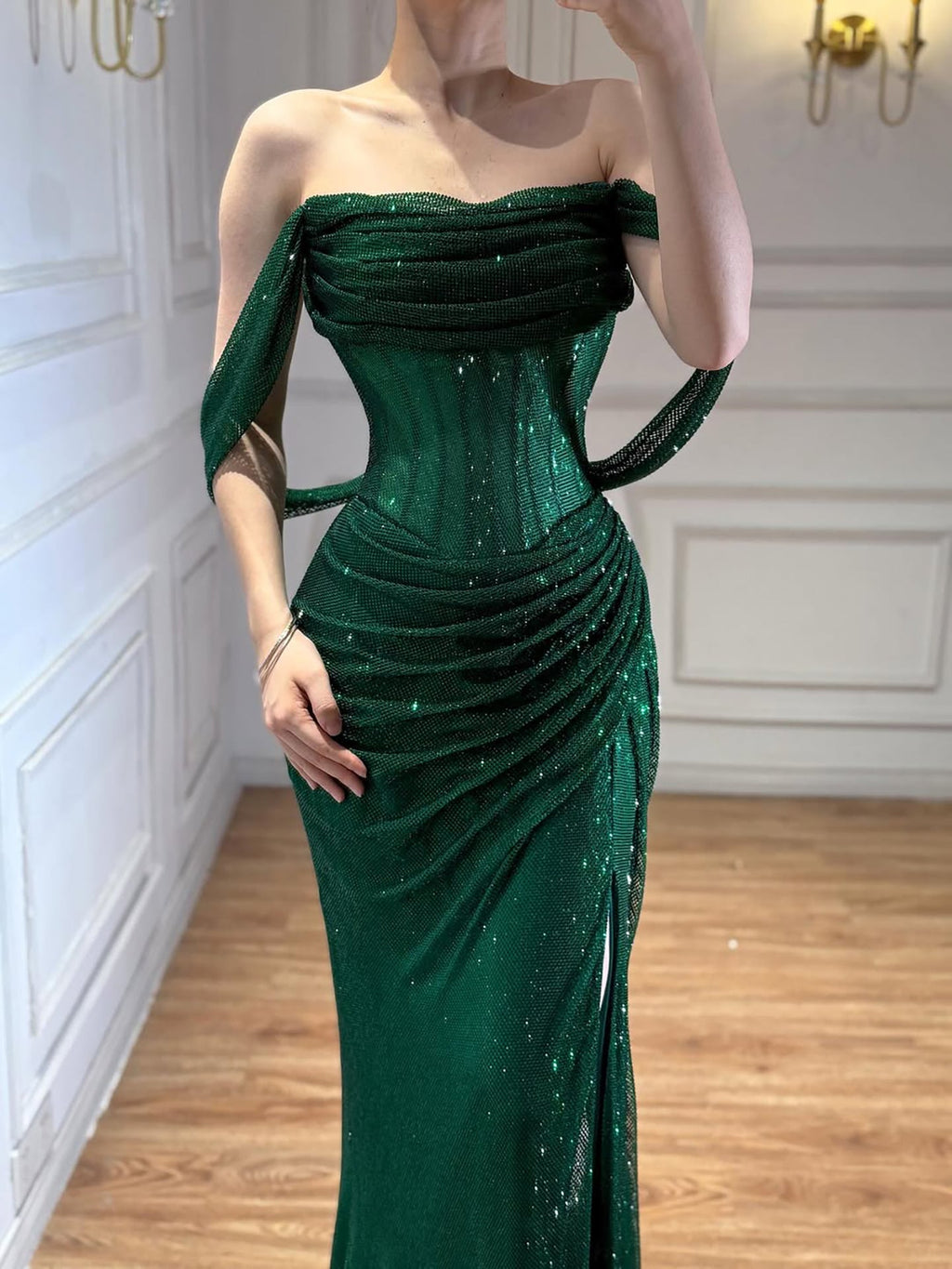 Luxury Green Off Shoulder Corset Mermaid Evening Dress CLA73410C