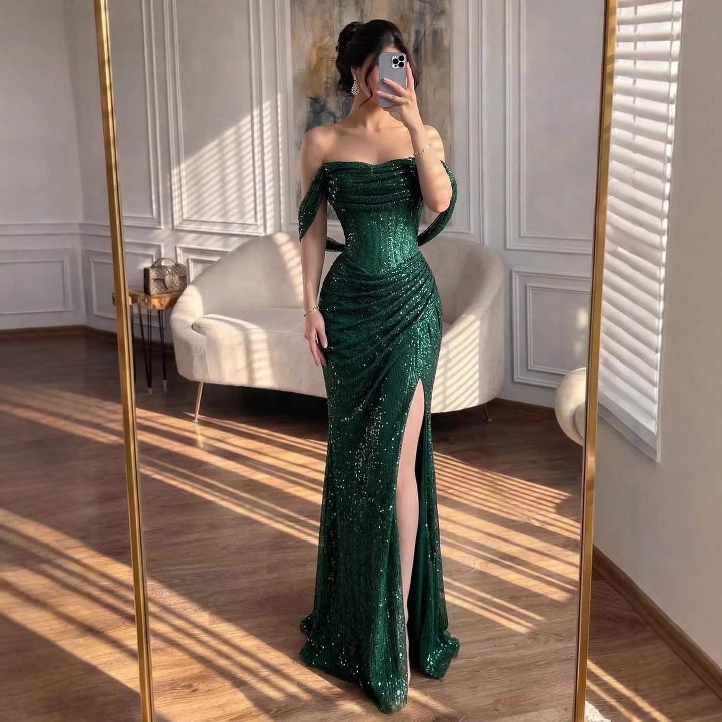 Luxury Green Off Shoulder Corset Mermaid Evening Dress CLA73410C