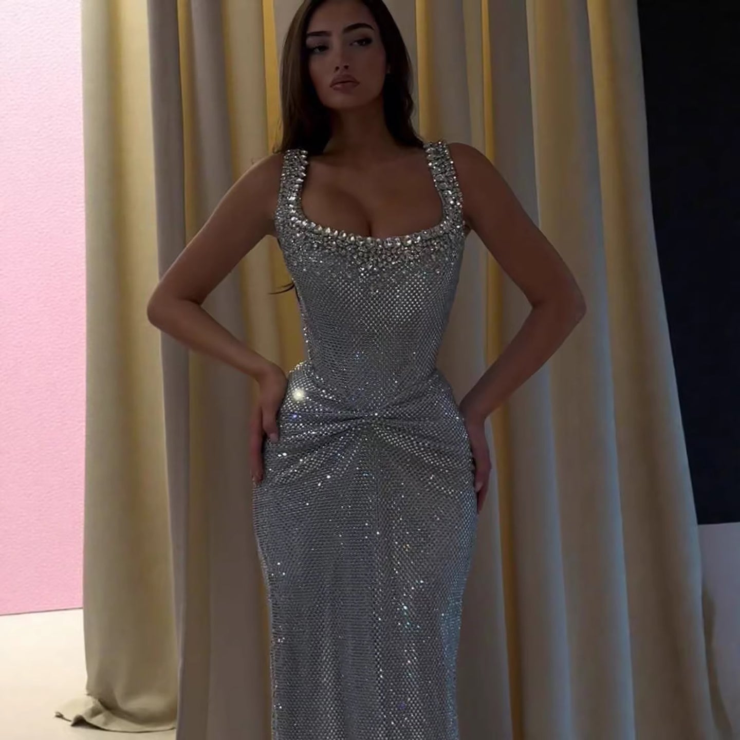 Luxury Silver Crystal Beaded Mermaid Evening Dress CLA73410D