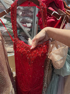 Luxury Red Halter Crystal Mermaid Evening Dress Detachable Cape CLA73410F