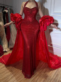 Luxury Red Halter Crystal Mermaid Evening Dress Detachable Cape CLA73410F