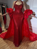 Luxury Red Halter Crystal Mermaid Evening Dress Detachable Cape CLA73410F