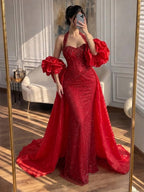 Luxury Red Halter Crystal Mermaid Evening Dress Detachable Cape CLA73410F