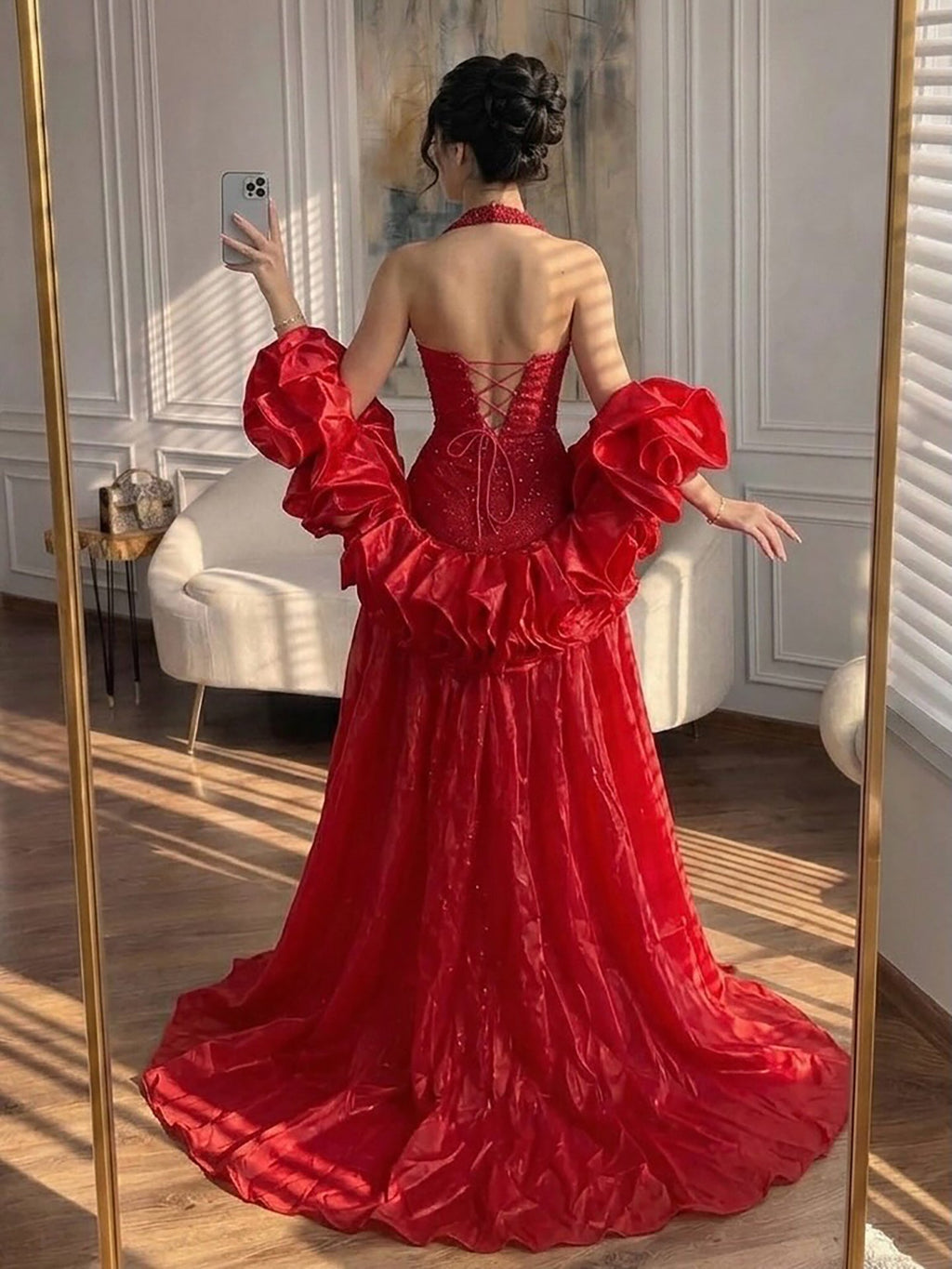 Luxury Red Halter Crystal Mermaid Evening Dress Detachable Cape CLA73410F