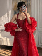 Luxury Red Halter Crystal Mermaid Evening Dress Detachable Cape CLA73410F