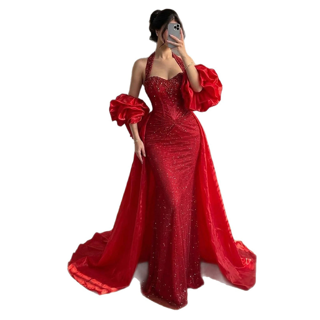 Luxury Red Halter Crystal Mermaid Evening Dress Detachable Cape CLA73410F