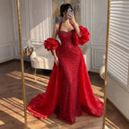 Luxury Red Halter Crystal Mermaid Evening Dress Detachable Cape CLA73410F