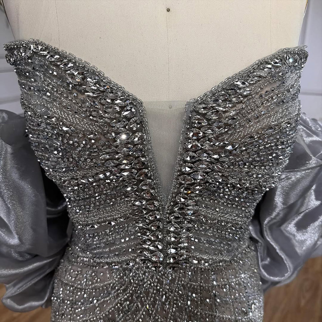 Serene Hill Beaded Gray Diamond Evening Dress With Cape LA73411