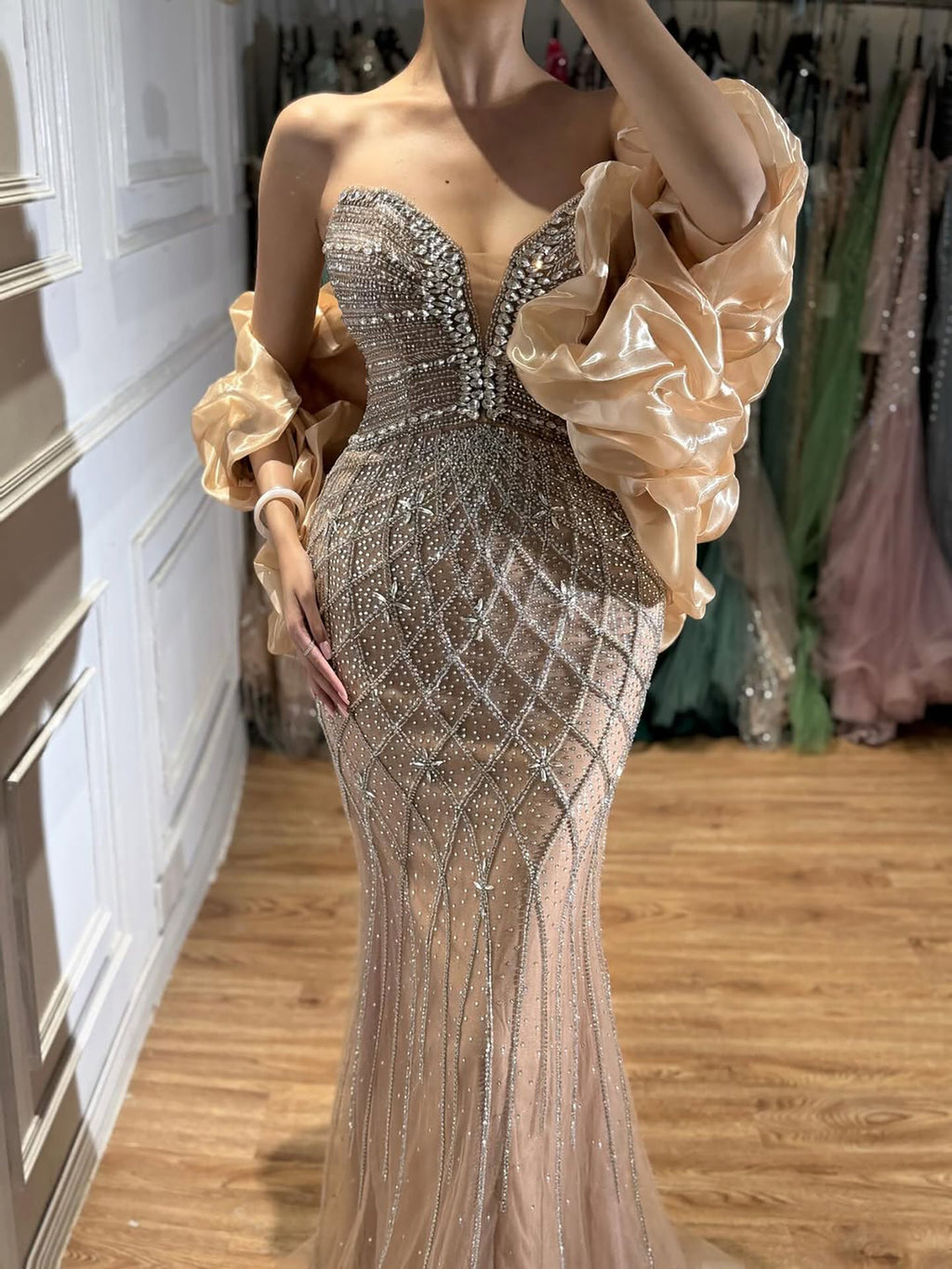Serene Hill Beaded Gray Diamond Evening Dress With Cape LA73411