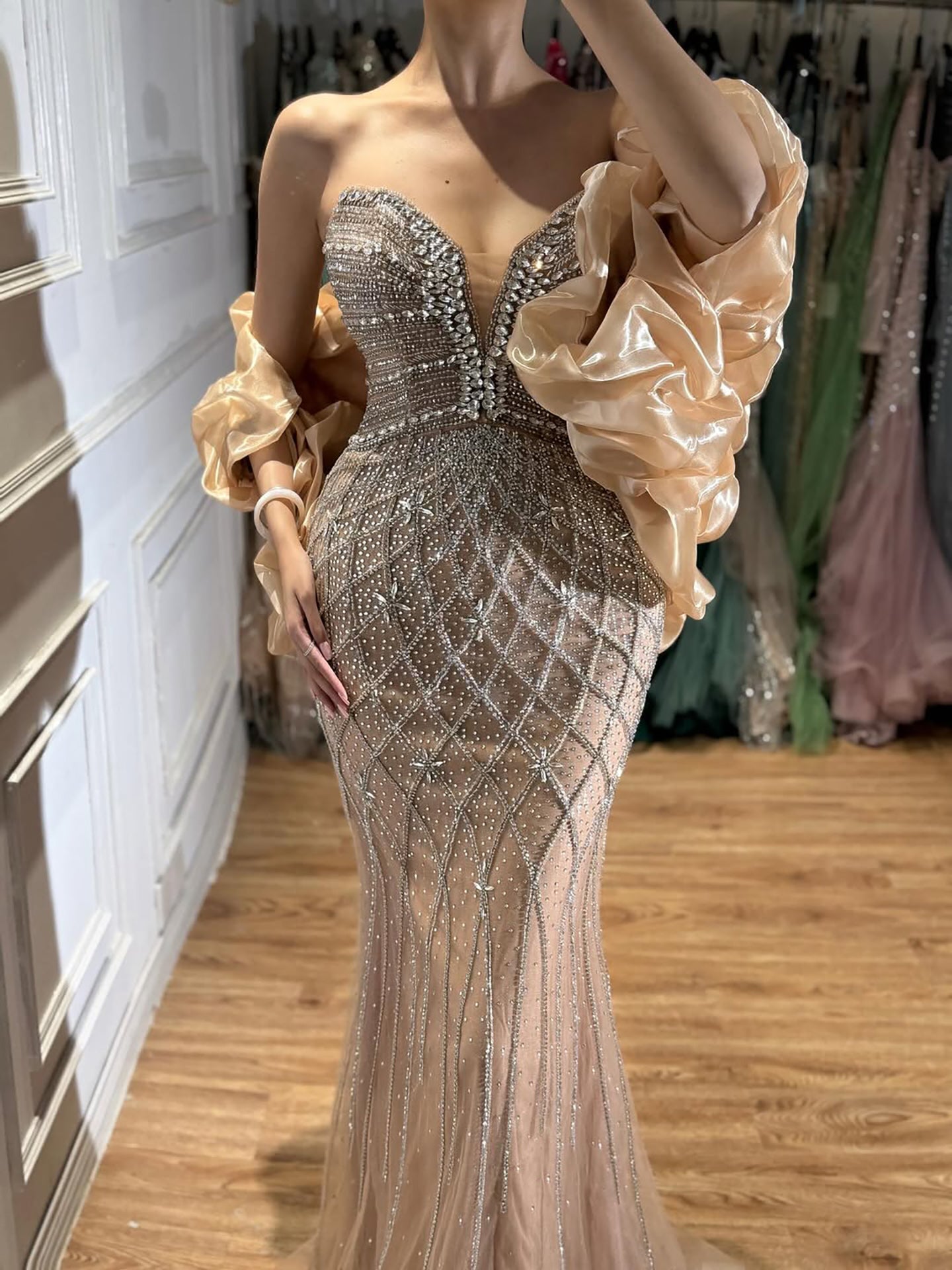 Serene Hill Beaded Gray Diamond Evening Dress With Cape LA73411