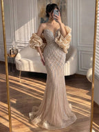 Serene Hill Beaded Gray Diamond Evening Dress With Cape LA73411