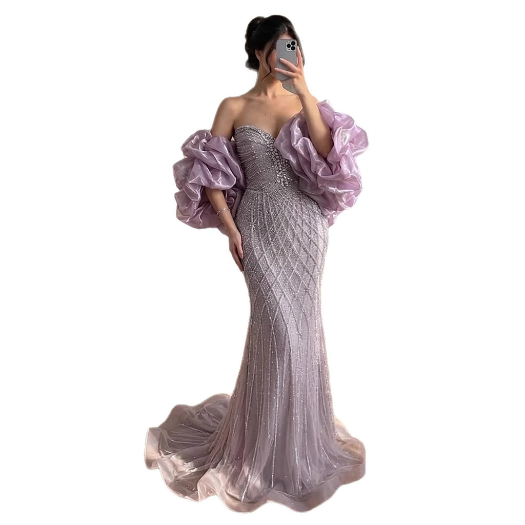 Serene Hill Beaded Gray Diamond Evening Dress With Cape LA73411