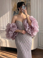 Serene Hill Beaded Gray Diamond Evening Dress With Cape LA73411