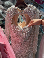 Luxury Nude Crystal Beaded Long Sleeves Mermaid Evening Dress CLA73412