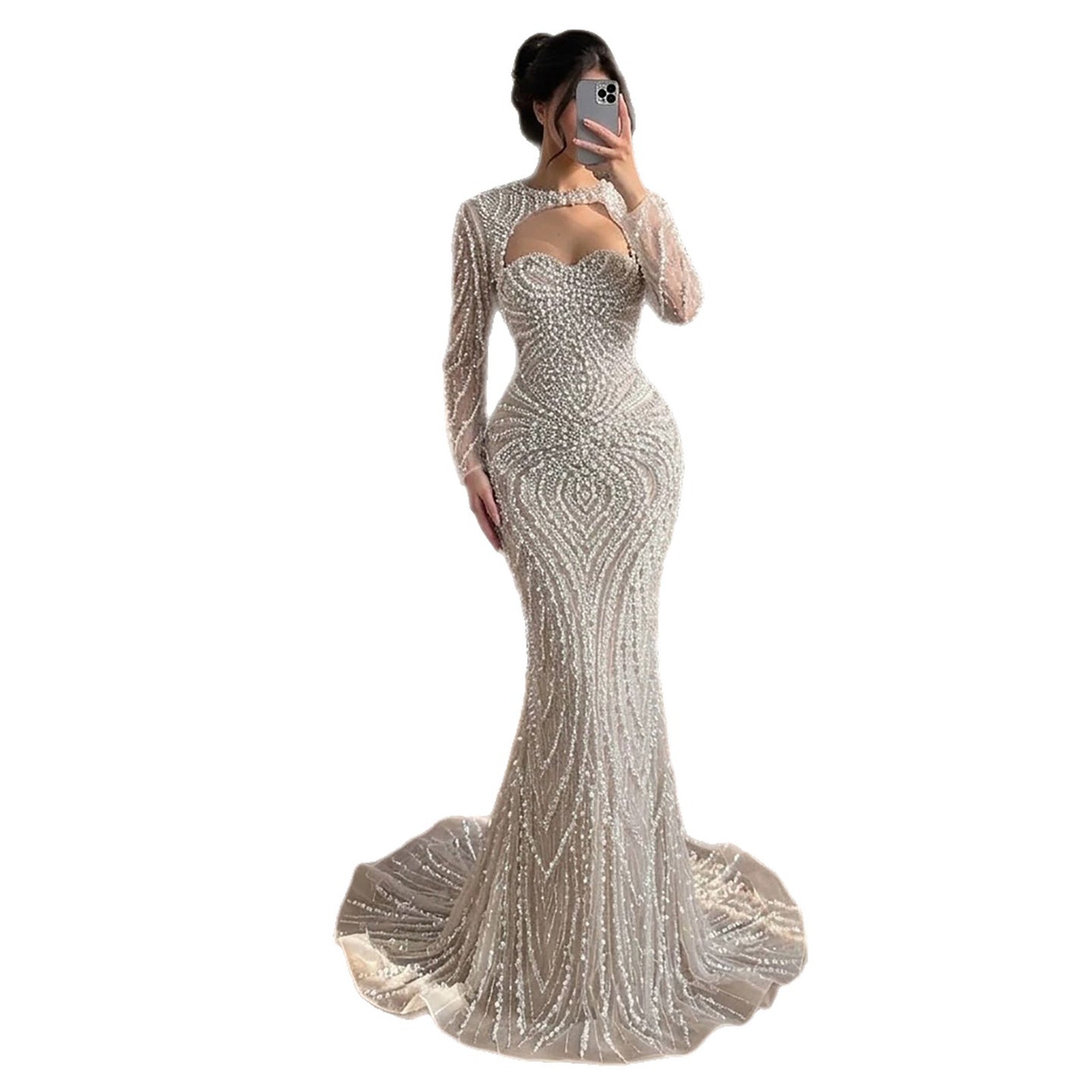 Luxury Nude Crystal Beaded Long Sleeves Mermaid Evening Dress CLA73412