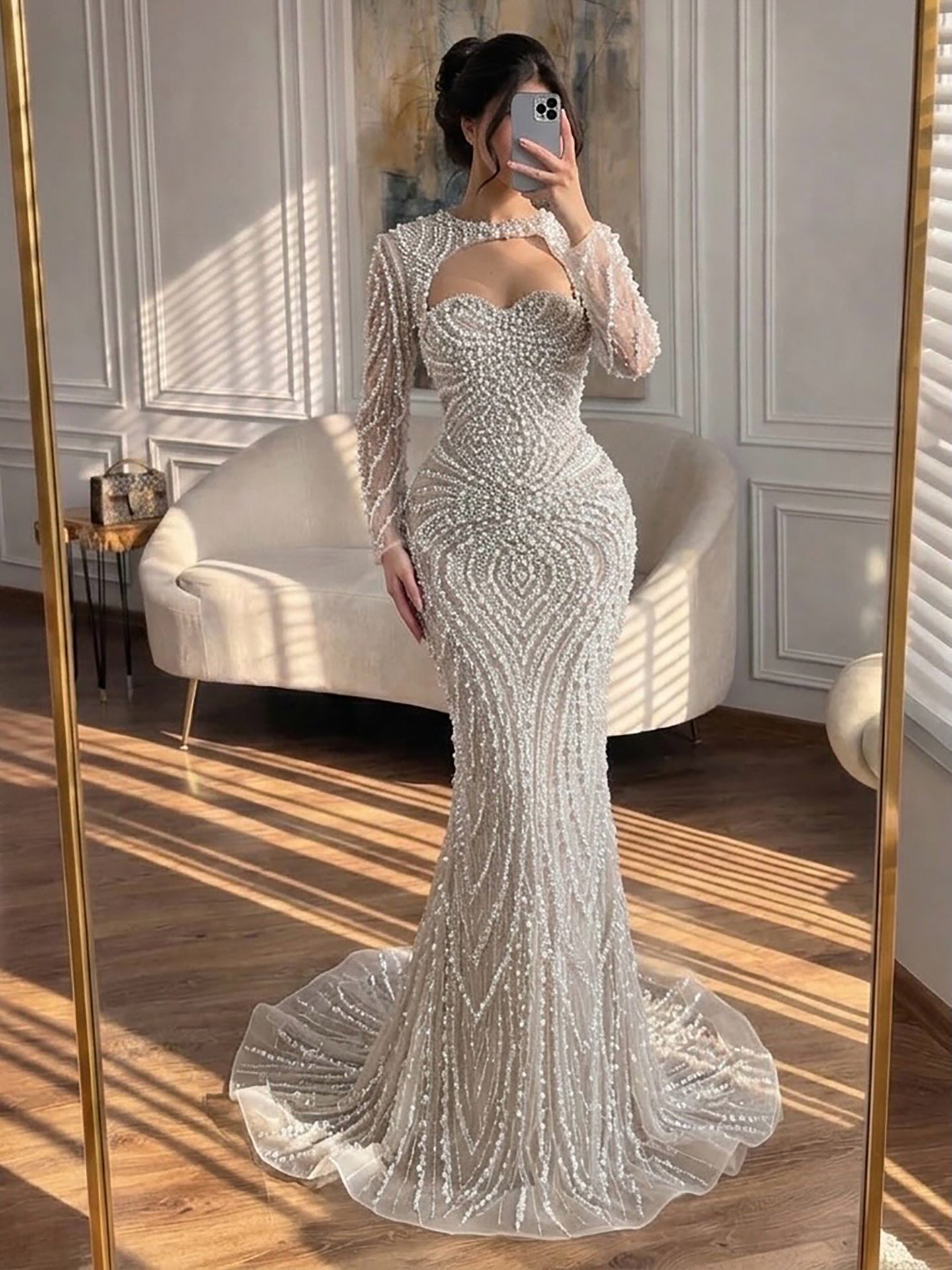 Luxury Nude Crystal Beaded Long Sleeves Mermaid Evening Dress CLA73412