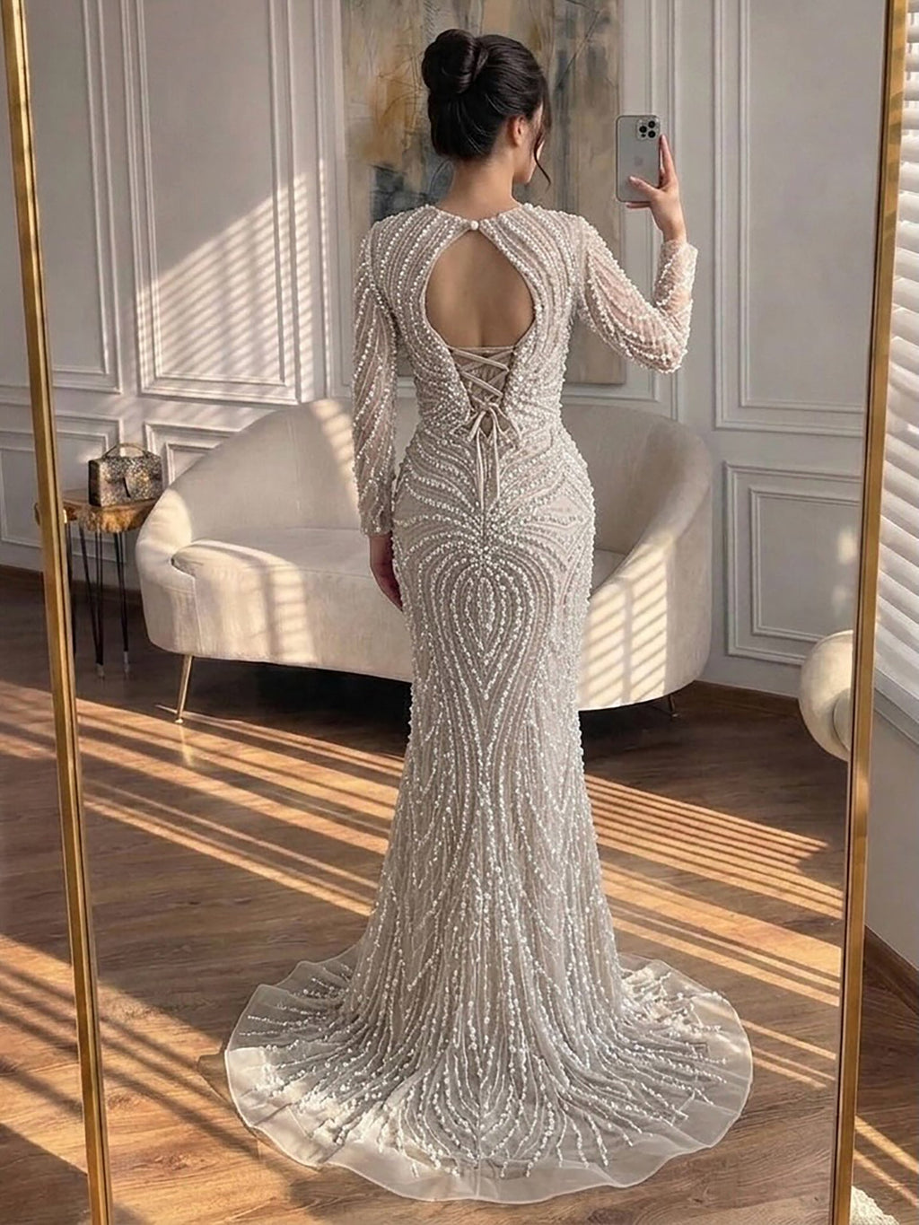Luxury Nude Crystal Beaded Long Sleeves Mermaid Evening Dress CLA73412