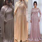 Modest Beige Corset Long Evening Dress With Cape CLA73418