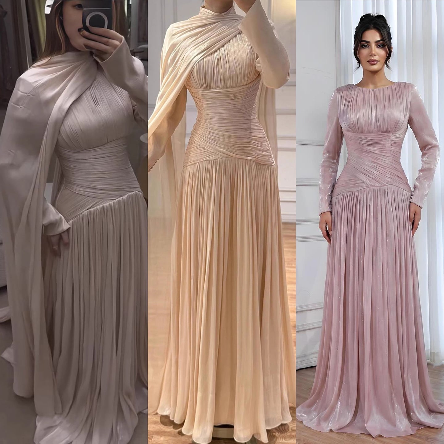 Modest Beige Corset Long Evening Dress With Cape CLA73418