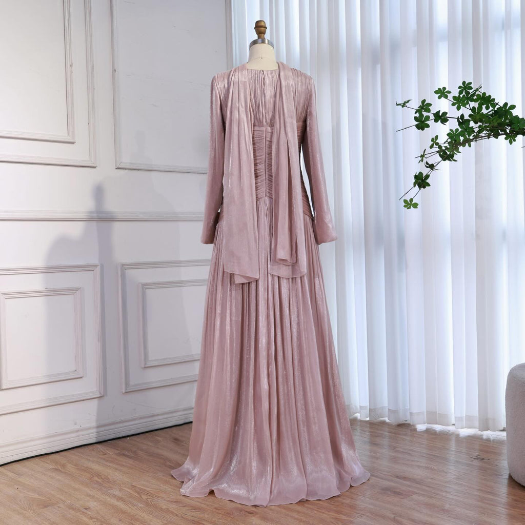 Modest Beige Corset Long Evening Dress With Cape CLA73418
