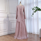 Modest Beige Corset Long Evening Dress With Cape CLA73418