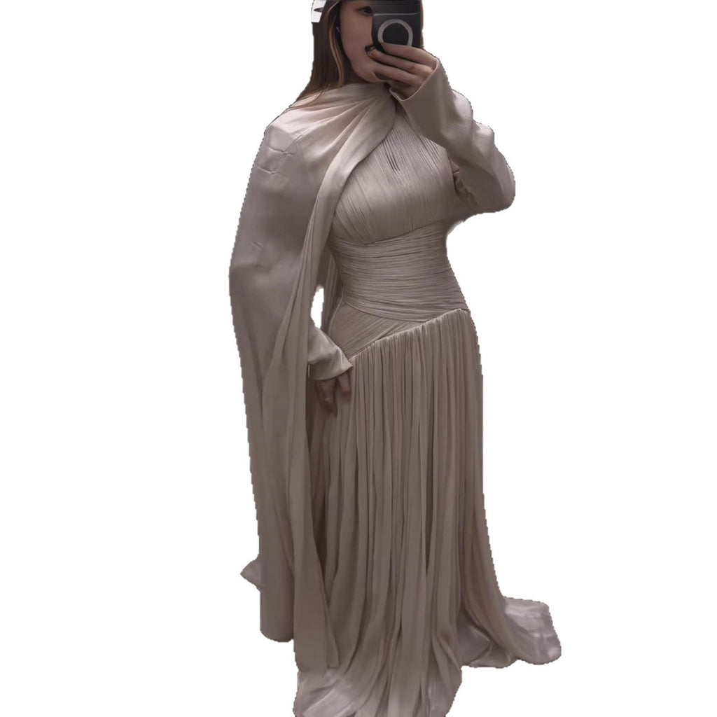 Modest Beige Corset Long Evening Dress With Cape CLA73418