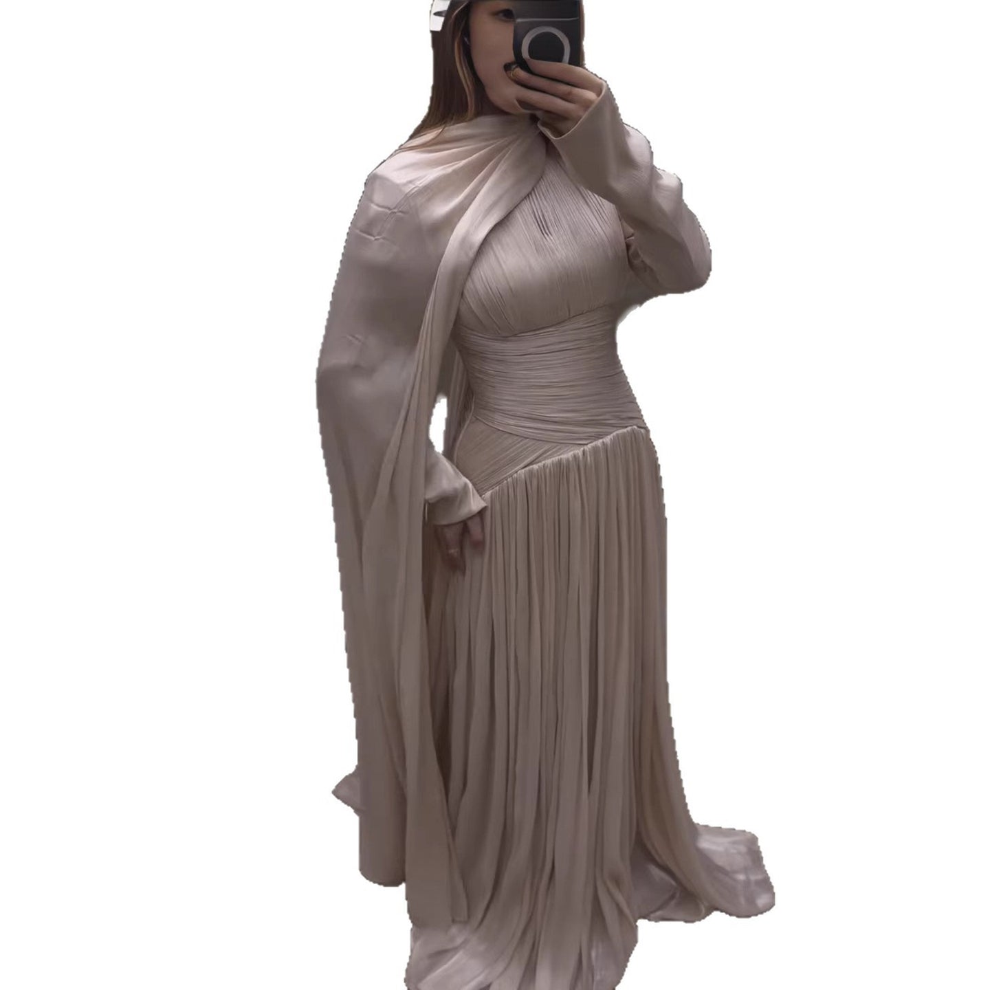 Modest Beige Corset Long Evening Dress With Cape CLA73418