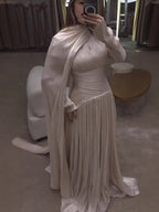 Modest Beige Corset Long Evening Dress With Cape CLA73418