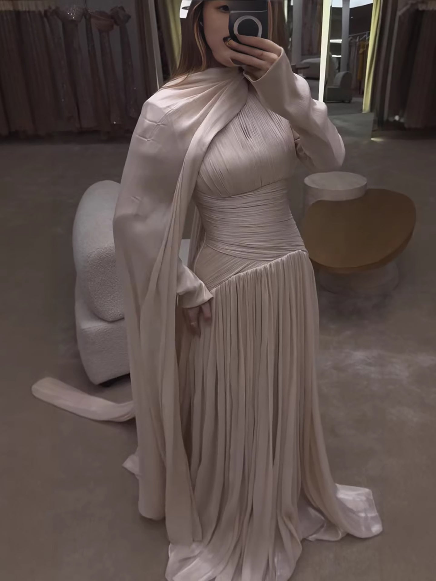 Modest Beige Corset Long Evening Dress With Cape CLA73418
