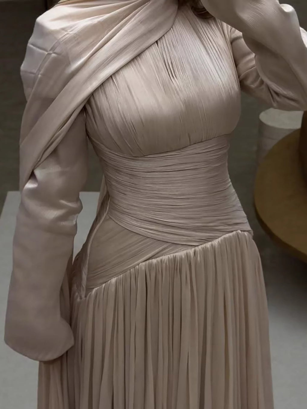 Modest Beige Corset Long Evening Dress With Cape CLA73418