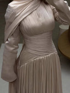 Modest Beige Corset Long Evening Dress With Cape CLA73418