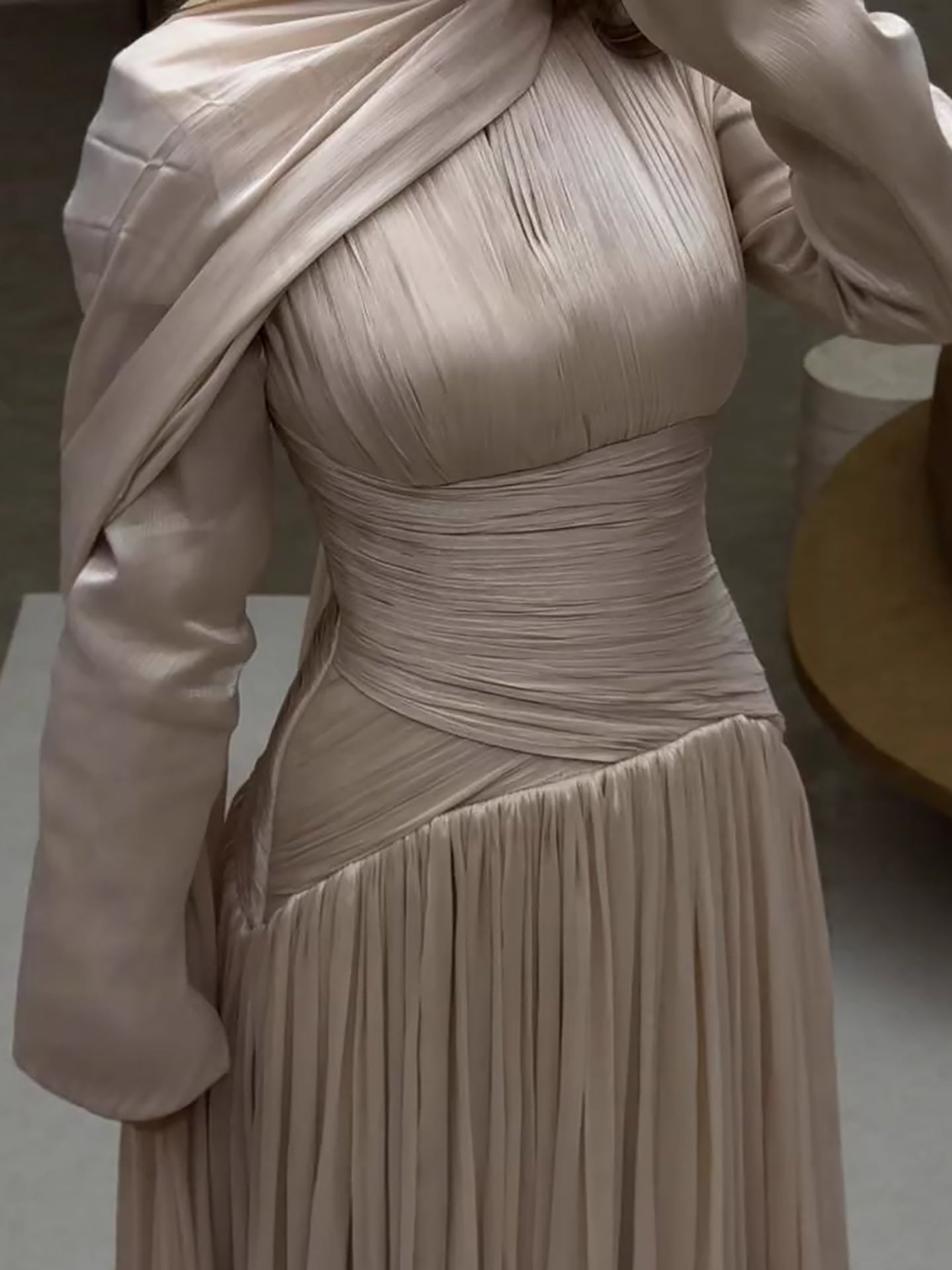Modest Beige Corset Long Evening Dress With Cape CLA73418