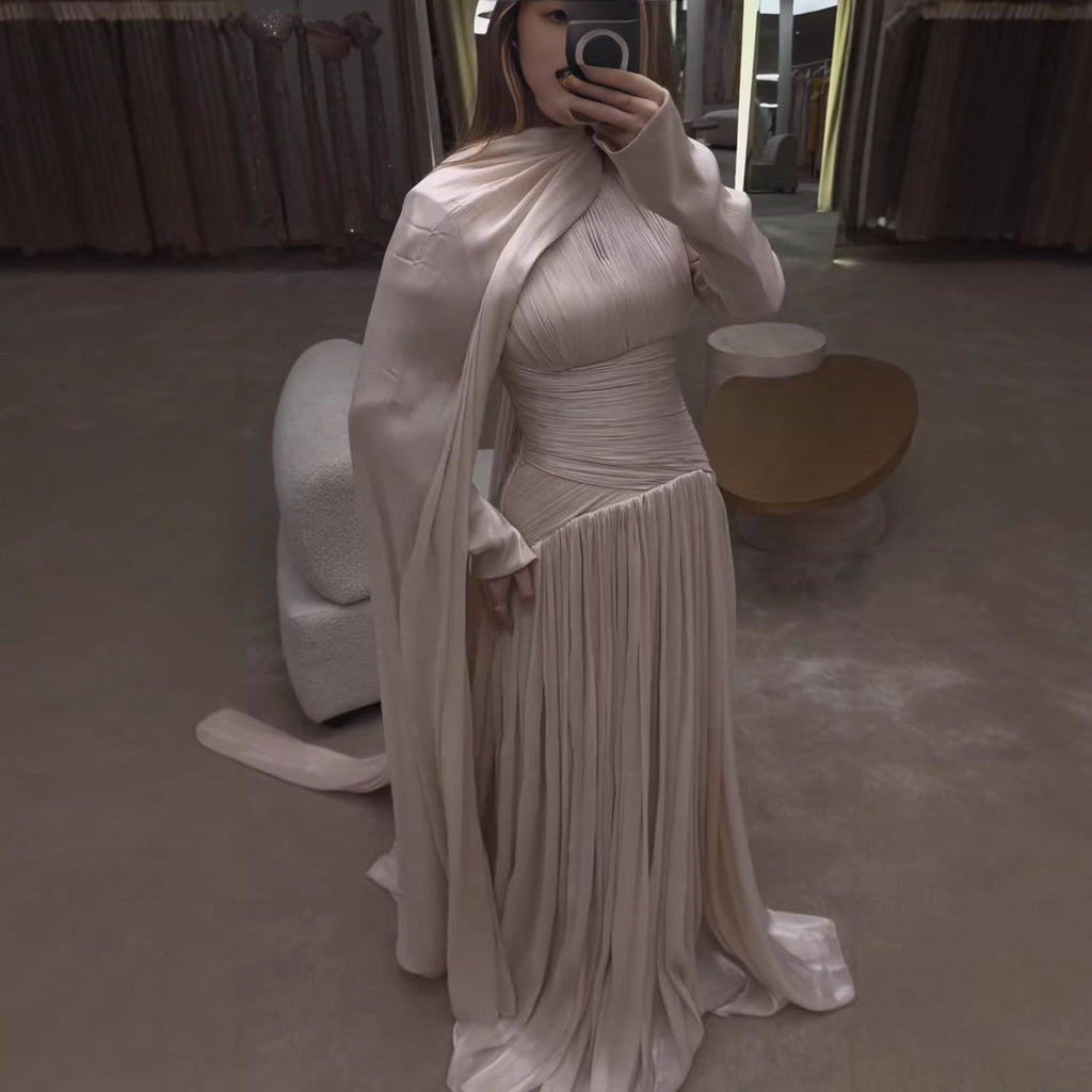 Modest Beige Corset Long Evening Dress With Cape CLA73418