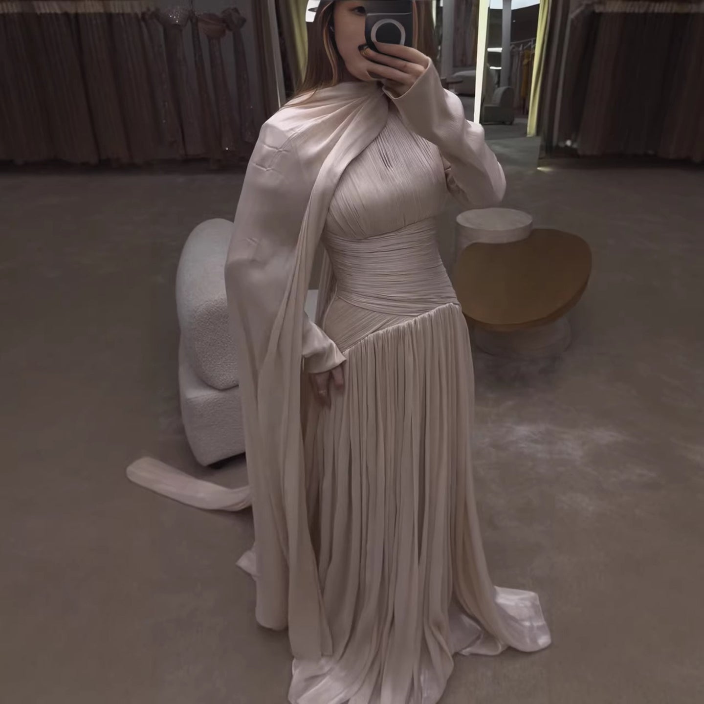 Modest Beige Corset Long Evening Dress With Cape CLA73418