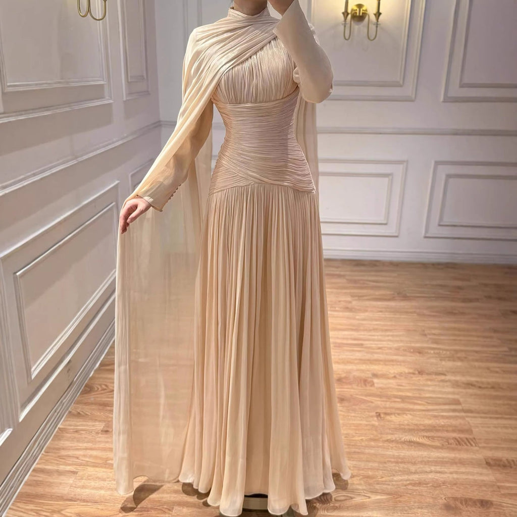 Modest Beige Corset Long Evening Dress With Cape CLA73418