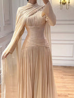 Modest Beige Corset Long Evening Dress With Cape CLA73418
