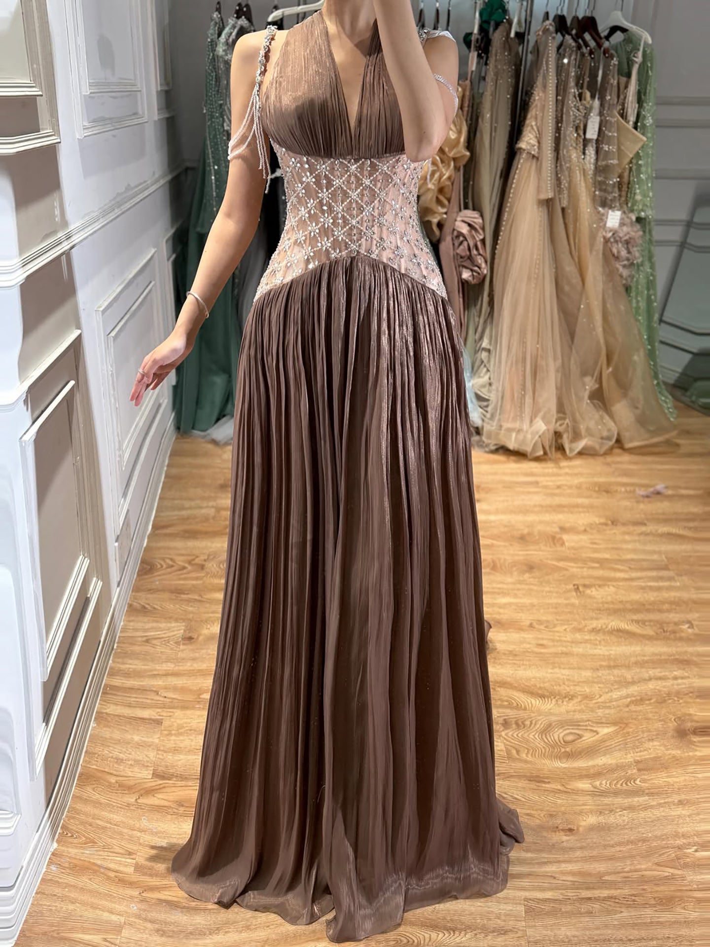 Turquoise Beaded A-Line Simple Style Evening Dress CLA73421