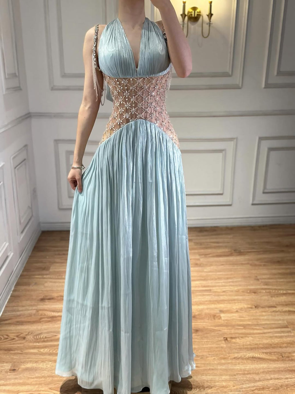 Turquoise Beaded A-Line Simple Style Evening Dress CLA73421