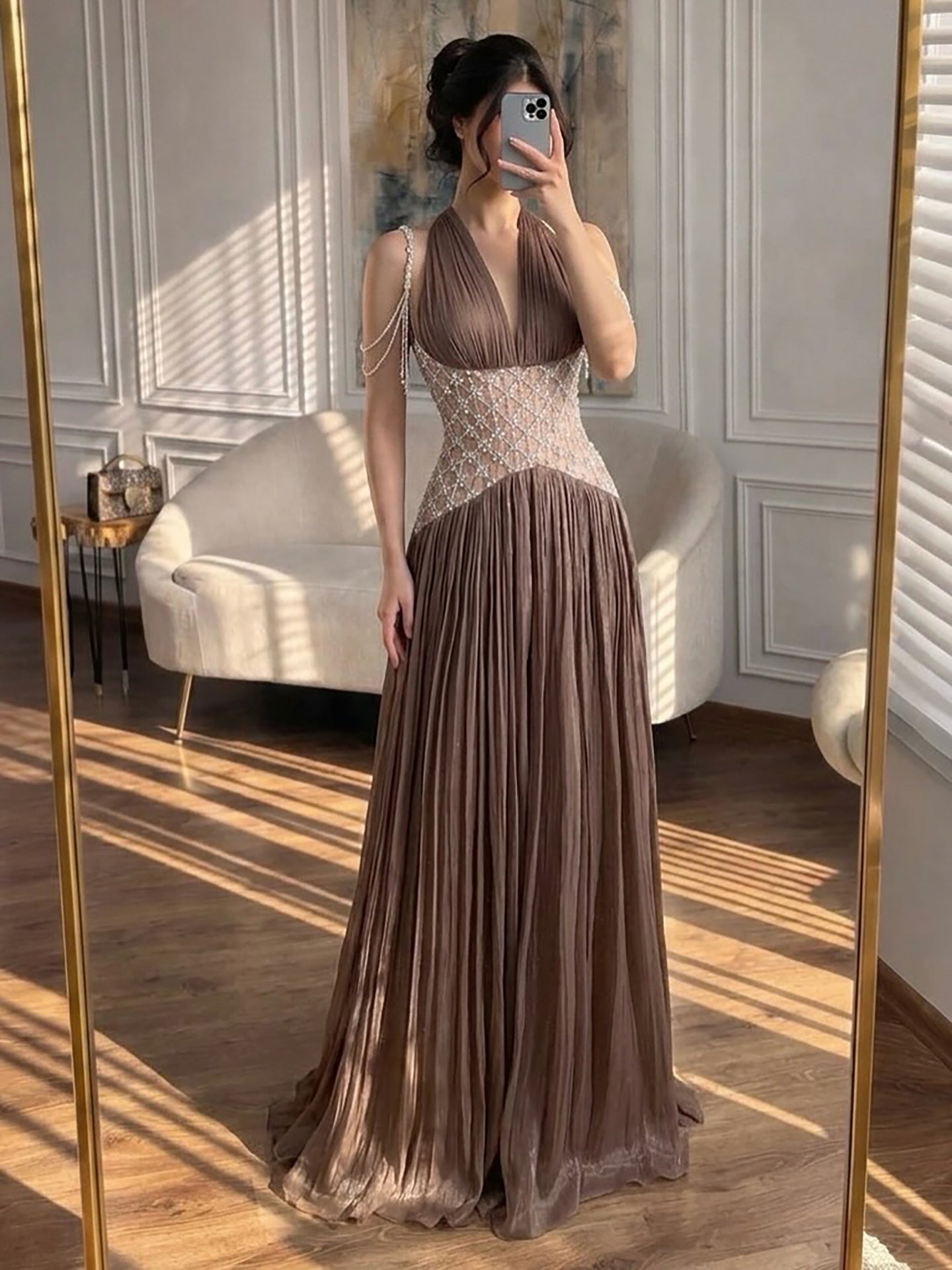 Turquoise Beaded A-Line Simple Style Evening Dress CLA73421