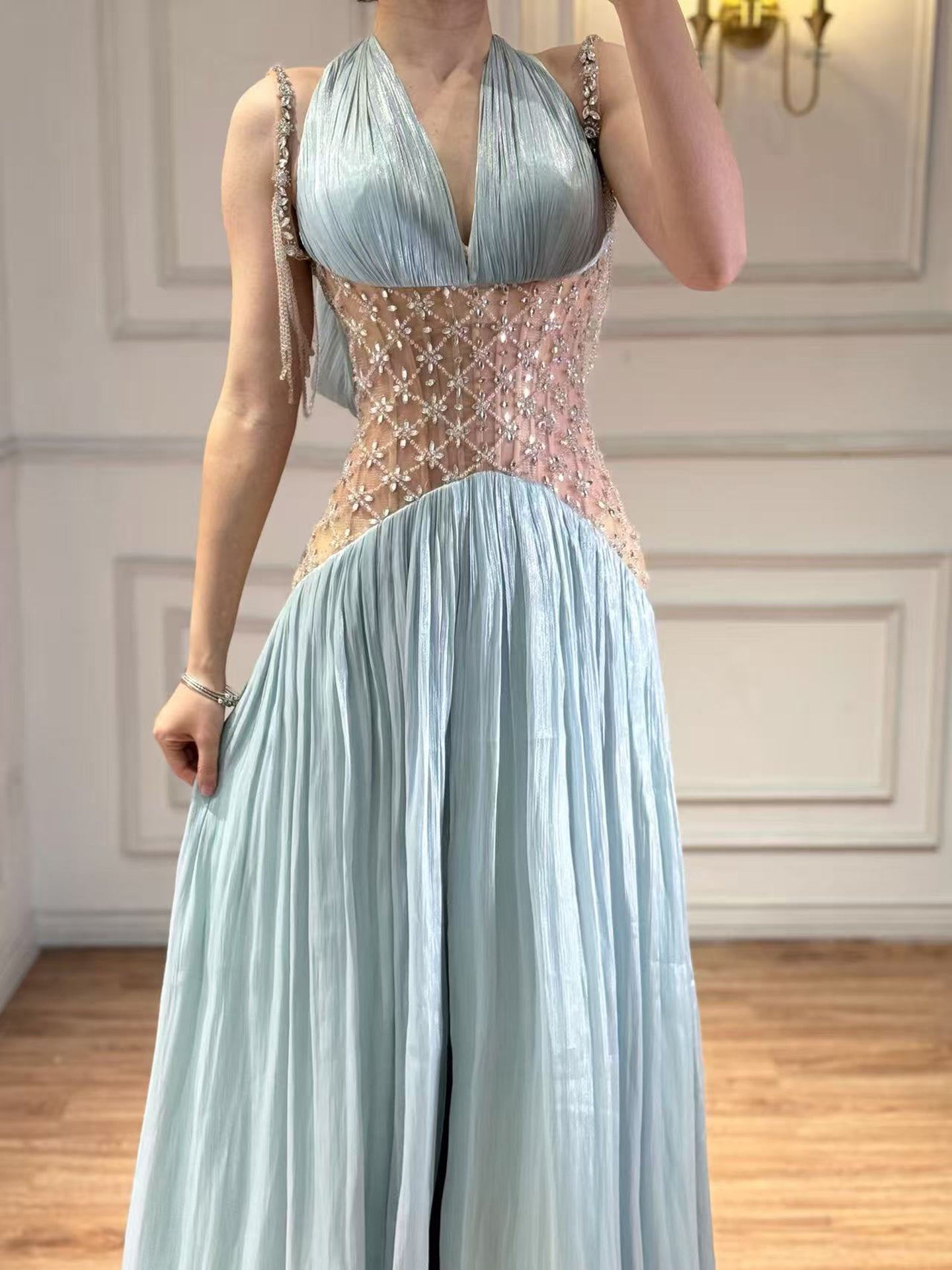 Turquoise Beaded A-Line Simple Style Evening Dress CLA73421