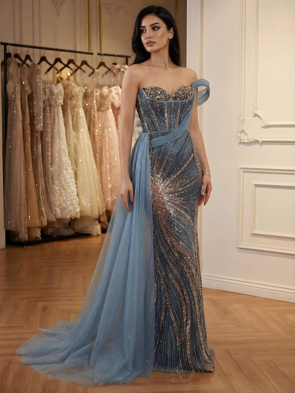 Luxury Blue Beaded One Shoulder Mermaid Evening Dress CLA73425