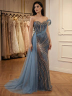 Luxury Blue Beaded One Shoulder Mermaid Evening Dress CLA73425