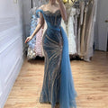 Luxury Blue Beaded One Shoulder Mermaid Evening Dress CLA73425