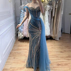 Luxury Blue Beaded One Shoulder Mermaid Evening Dress CLA73425