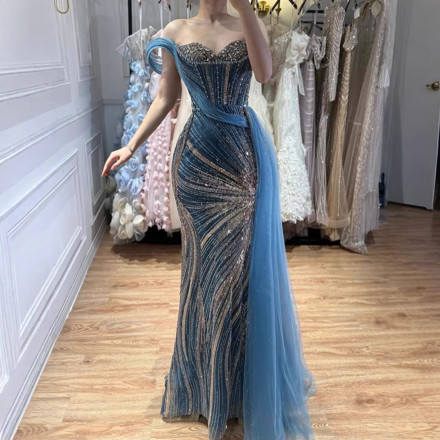 Luxury Blue Beaded One Shoulder Mermaid Evening Dress CLA73425