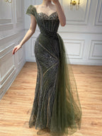 Luxury Blue Beaded One Shoulder Mermaid Evening Dress CLA73425
